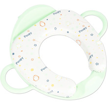 Réducteur de toilette rembourré pour enfants avec poignées et pare-éclaboussures.