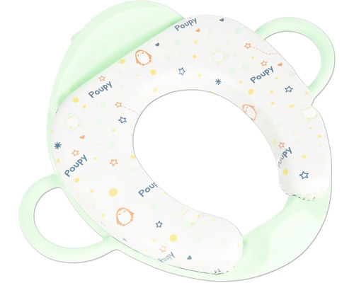 Gepolsterter Toilettensitz für Kinder mit Haltegriffen und Spritzschutz.