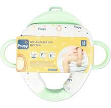 Réducteur de WC Poupy avec poignées, rembourrage doux, dossier haut, pare-éclaboussures, vert menthe et blanc, motifs animaux, dès 18 mois.