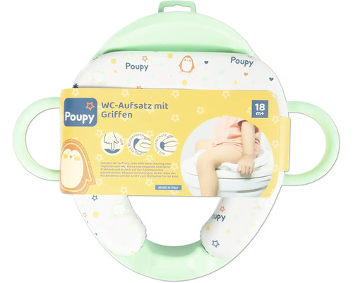 Réducteur de WC Poupy avec poignées, rembourrage doux, dossier haut, pare-éclaboussures, vert menthe et blanc, motifs animaux, dès 18 mois.