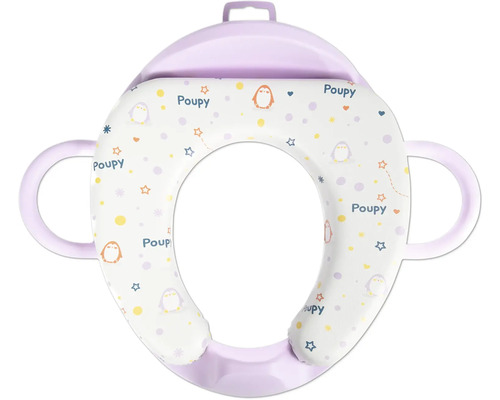 Réducteur de toilette lilas rembourré pour enfants avec poignées latérales et motif pingouin.
