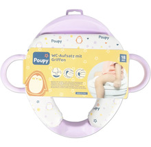 Réducteur de toilette Poupy avec poignées et dossier pour enfants à partir de 18 mois, rembourré avec motif de pingouin.