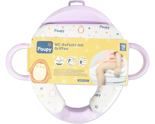 Réducteur de toilette Poupy avec poignées et dossier pour enfants à partir de 18 mois, rembourré avec motif de pingouin.