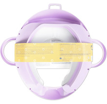 Réducteur de WC violet pour enfants avec poignées latérales et assise rembourrée.