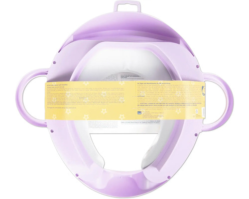Réducteur de WC violet pour enfants avec poignées latérales et assise rembourrée.