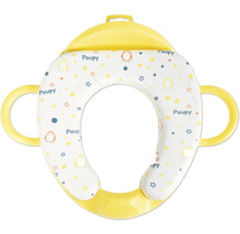 Réducteur de WC rembourré pour enfants de Poupy avec poignées latérales et motif de pingouin.