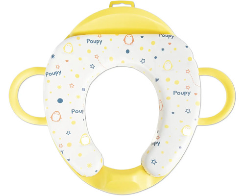Réducteur de WC rembourré pour enfants de Poupy avec poignées latérales et motif de pingouin.
