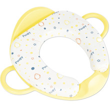 Réducteur de toilette pour enfants avec assise rembourrée, poignées et motif pingouin.