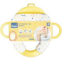 Réducteur de toilette Poupy avec poignées dès 18 mois, assise rembourrée avec motif manchot et pare-éclaboussures.