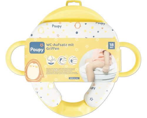 Réducteur de toilette Poupy avec poignées dès 18 mois, assise rembourrée avec motif manchot et pare-éclaboussures.
