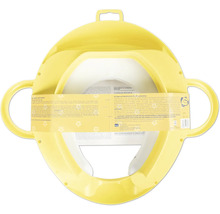 Réducteur de toilettes jaune avec deux poignées latérales et un dossier haut en plastique pour enfants.