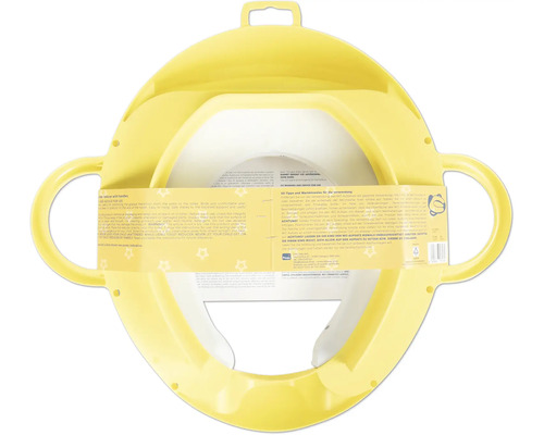 Réducteur de toilettes jaune avec deux poignées latérales et un dossier haut en plastique pour enfants.