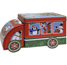 Vorratsdose aus Metall in LKW-Form, rot und grün mit weihnachtlichen Motiven wie Pinguin, Rentier und Schneemann.