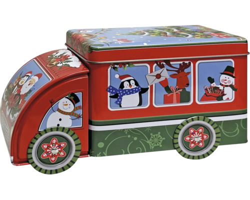 Vorratsdose aus Metall in LKW-Form, rot und grün mit weihnachtlichen Motiven wie Pinguin, Rentier und Schneemann.