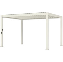 Pergola blanche en aluminium avec toit à lames orientables pour la terrasse ou le jardin.