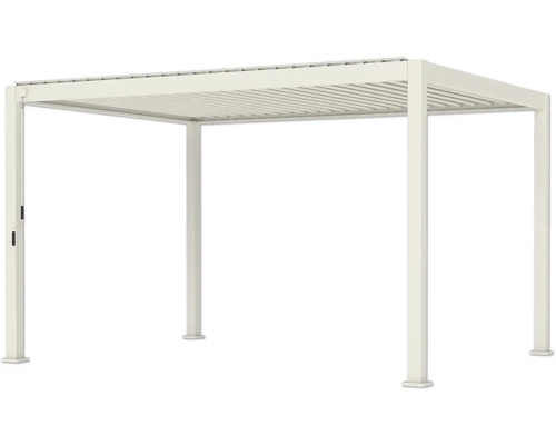 Pergola blanche en aluminium avec toit à lames orientables pour la terrasse ou le jardin.