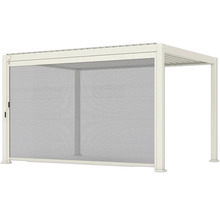 Pergola blanche avec store latéral rétractable pour la protection solaire et l'intimité.