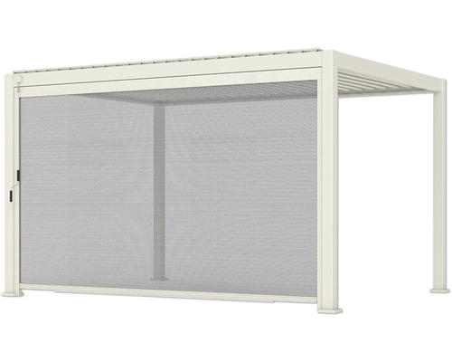 Pergola blanche avec store latéral rétractable pour la protection solaire et l'intimité.