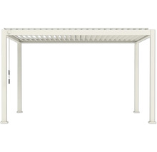 Pergola blanche en aluminium avec toit à lames réglables et quatre poteaux.