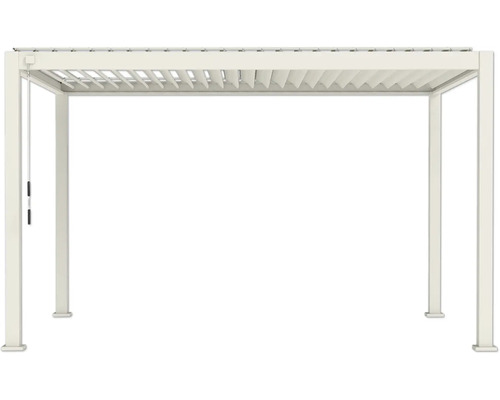Pergola blanche en aluminium avec toit à lames réglables et quatre poteaux.