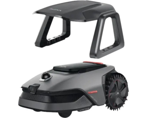 Robot tondeuse MOVA avec garage de protection pour l entretien automatique de la pelouse.