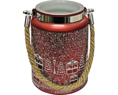 Rotes Windlicht mit Seilgriff und weißem Winterdorf-Dekor aus Glas.