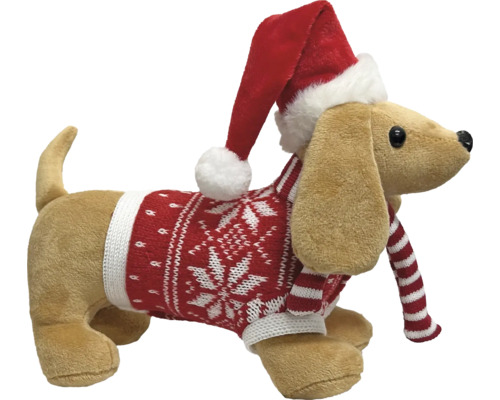 Plüsch-Dackel mit Weihnachtsmütze, gemustertem Strickpullover und gestreiftem Schal.