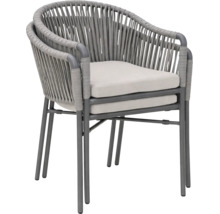 Chaise de jardin empilable grise avec tressage en corde et coussin de siege.