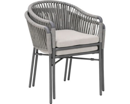 Chaise de jardin empilable grise avec tressage en corde et coussin de siege.
