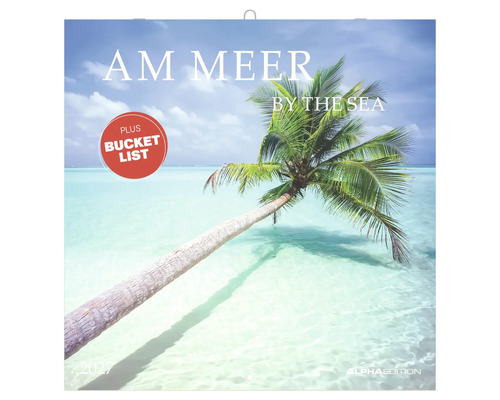 Wandkalender 2027 Am Meer mit Motiv einer Palme über klarem Wasser und Bucket List, Alpha Edition Logo.