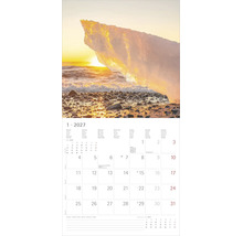 Wandkalender Januar 2027 mit Naturfoto eines Eisblocks am Strand bei Sonnenuntergang und Platz für Notizen.