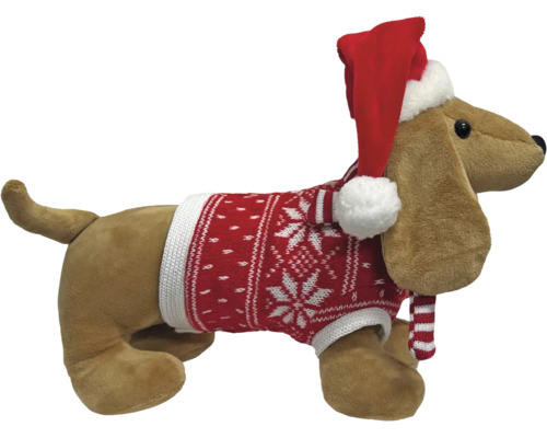 Stofftier Hund in Weihnachtsoutfit mit Weihnachtsmütze, Pullover und Schal.