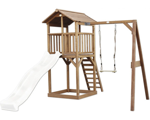 Tour de jeux en bois avec toit à deux pans, toboggan à vagues, échelle et une balançoire pour le jardin.