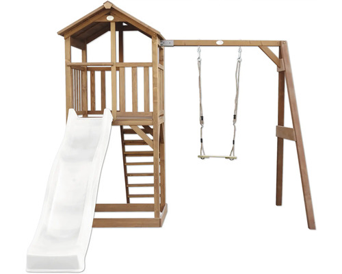 Tour de jeux en bois avec un toboggan blanc et une balançoire pour le jardin.