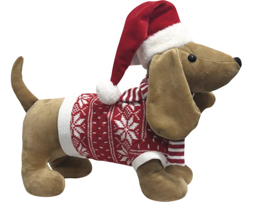 Plüschhund im Weihnachtsoutfit mit Weihnachtsmütze, Strickpullover mit Schneeflockenmuster und gestreiftem Schal.