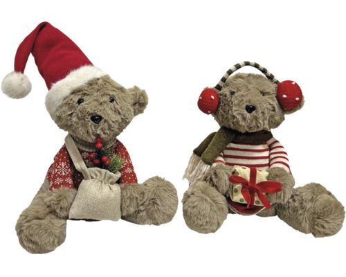 Zwei weihnachtliche Plüsch-Teddybären mit Nikolausmütze, Winterschal und Geschenken als festliche Dekoration.