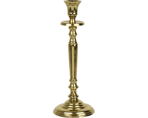 Klassischer Kerzenständer aus Metall in Gold-Optik mit rundem Fuß.