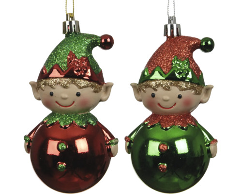 Weihnachtsbaumschmuck Elfenfiguren mit glitzernden Hüten in Rot und Grün sowie glänzenden, runden Körpern.