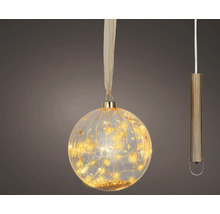 Boule de Noël suspendue en verre à LED avec motif d'étoiles dorées et éclairage LED blanc chaud.