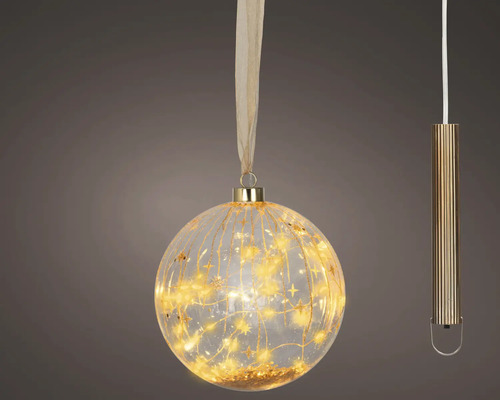 Boule de Noël suspendue en verre à LED avec motif d'étoiles dorées et éclairage LED blanc chaud.