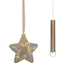 Décoration de Noël suspendue en forme d'étoile en verre avec LED blanc chaud et accents dorés, fonctionnant sur piles.