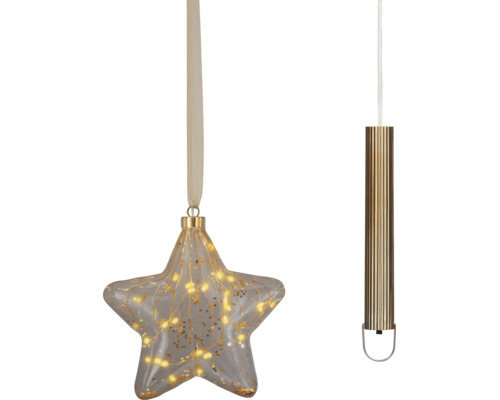 Décoration de Noël suspendue en forme d'étoile en verre avec LED blanc chaud et accents dorés, fonctionnant sur piles.