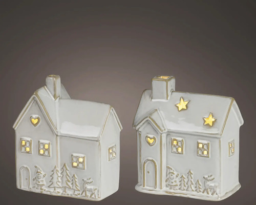 Deux petites maisons décoratives en céramique avec éclairage LED, reliefs hivernaux et ouvertures en forme de cœur et d'étoile.