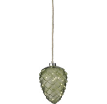Décoration LED à suspendre en forme de pomme de pin en verre avec corde.