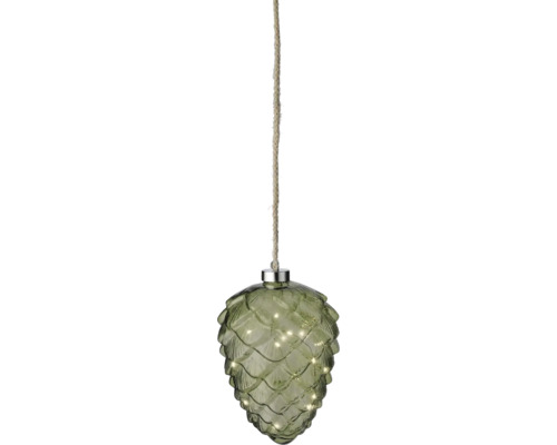 Décoration LED à suspendre en forme de pomme de pin en verre avec corde.