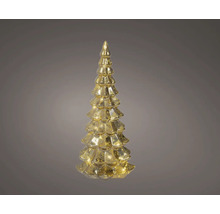 Sapin de Noël en verre avec éclairage LED en aspect doré.