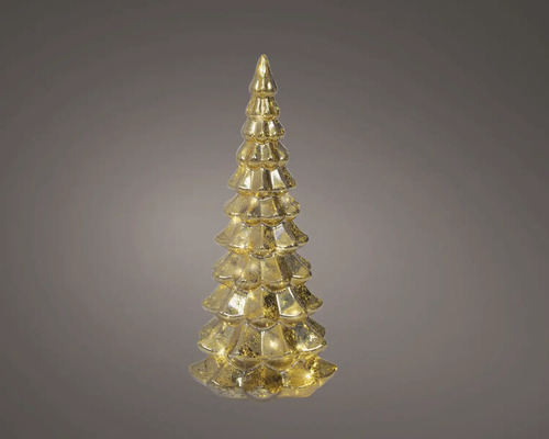 Sapin de Noël en verre avec éclairage LED en aspect doré.