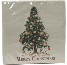 Papierserviette mit geschmücktem Weihnachtsbaum und dem Schriftzug Merry Christmas in Kunststoffverpackung