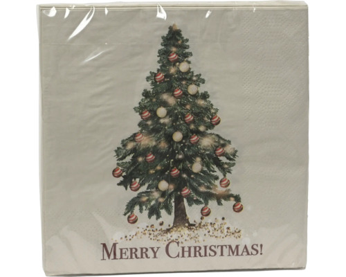 Papierserviette mit geschmücktem Weihnachtsbaum und dem Schriftzug Merry Christmas in Kunststoffverpackung