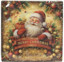 Papierserviette mit Weihnachtsmann-Motiv und Schriftzug Merry Christmas, umgeben von Tannenzweigen und Weihnachtsschmuck.